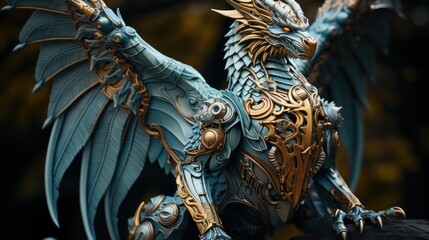 Fototapeta premium A majestic, blue and gold dragon figurine, meticulously crafted with intricate details, rests on a rock.