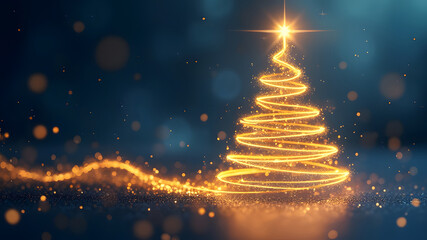 Golden Christmas Tree In Abstract Night