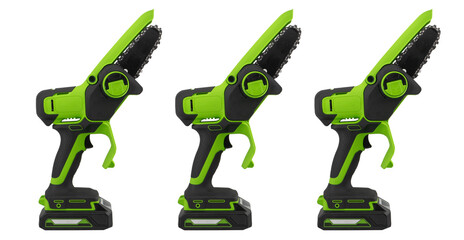 Cordless electric pruning saw with Li-Ion battery for gadening. Pruning saw isolated on white background. Handheld lithium battery powered chainsaw