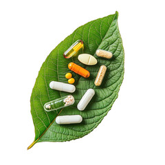 Group of Vitamins and Tablets Laid on a Fresh Green Leaf, Nature. Isolated on a Transparent Background. Cutout PNG.