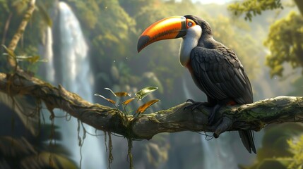 A toucan sitting on a branch with a waterfall in the background.