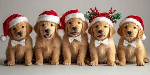 Group of adorable Golden Retriever puppies wearing Christmas Santa hats and reindeer antlers on their heads