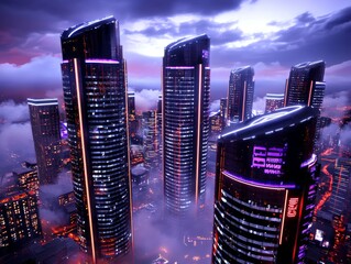 Futuristic City Skyline with Towering Skyscrapers