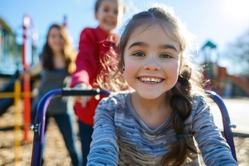 Happy girl playing on merry-go-round at playground with friends
