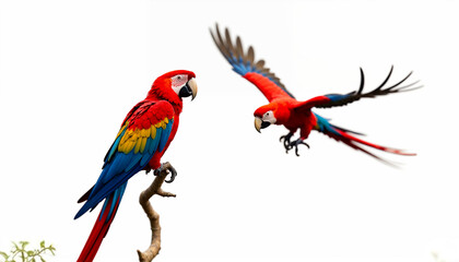 Fototapeta premium Macaw parrot collection sitting on a branch portrait and flying isolated on white background