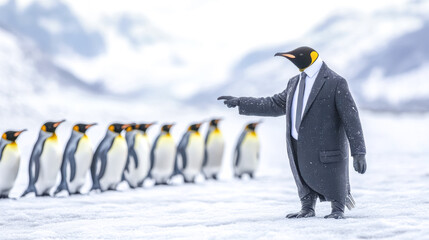 Obraz premium King penguin boss pointing at something with group of penguins following