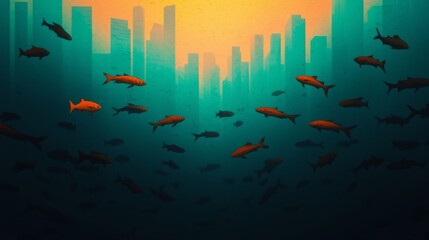 Cityscape Underwater Due to Rising Sea Levels