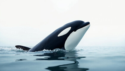 An orca whale head looking out of the water surface of the sea