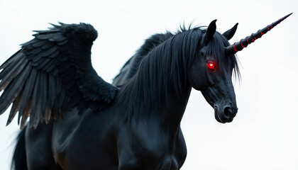 Obraz premium A black pegasus with glowing evil looking red eyes and dark angel wings and a demonic unicorn horn isolated on a white background