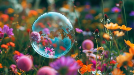 A transparent bubble floating over a wildflower field, reflecting the vibrant colors.