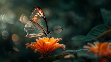A transparent butterfly perched on a bright flower.