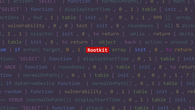 Cyber attack rootkit text in foreground screen of code editor developer studio point of vue. Vulnerability text in binary system ascii. Text in English, English text
