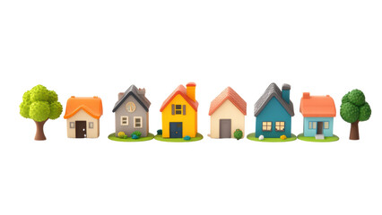 Charming collection of colorful houses with trees, isolated on a white background, transparent background.