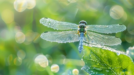 A transparent dragonfly resting on a clear, dewy leaf.