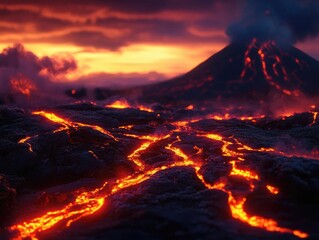 A breathtaking view of molten lava flowing down a volcano at sunset, highlighting nature's raw power and beauty.