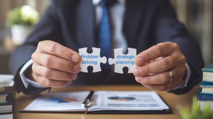 Problem Solving and Strategic Planning, Puzzle Pieces in Hands of Businessman, close up hand