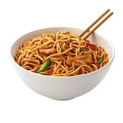 Delicious noodles with chicken and vegetables in white bowl isolated on a white background, transparent background.