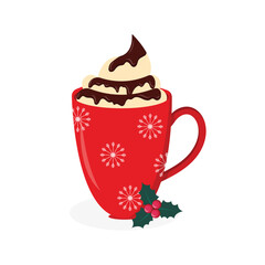 Hot christmas drink with creami and chocolate on a white background.red cup.Merry christmas themed design.Vector illustration.