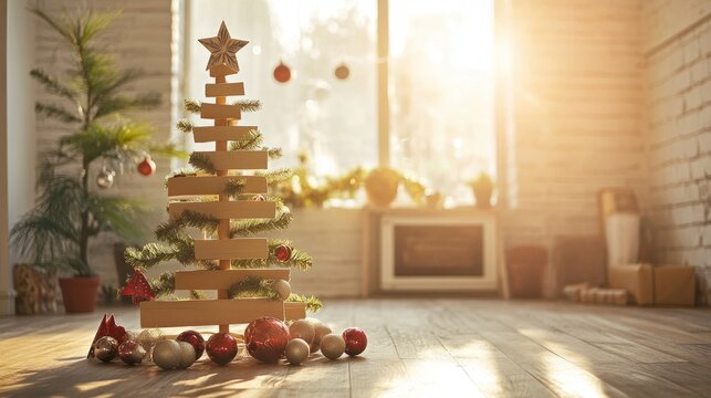 Homemade Christmas tree with creative decorations made from recycled materials, sunlight from clear windows, and ample copy space