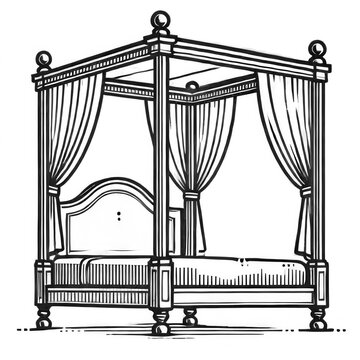 recommend clip art: Minimalistic Doodle of Four-Poster Canopy Bed with Curtains