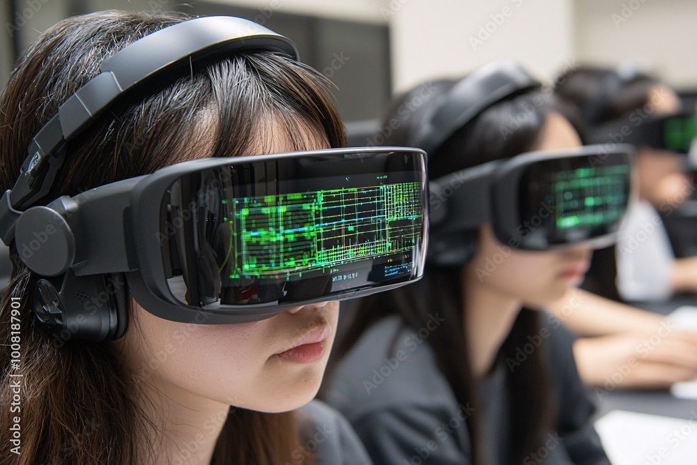 Poster a futuristic classroom with students using augmented reality glasses to interact with quantum comput