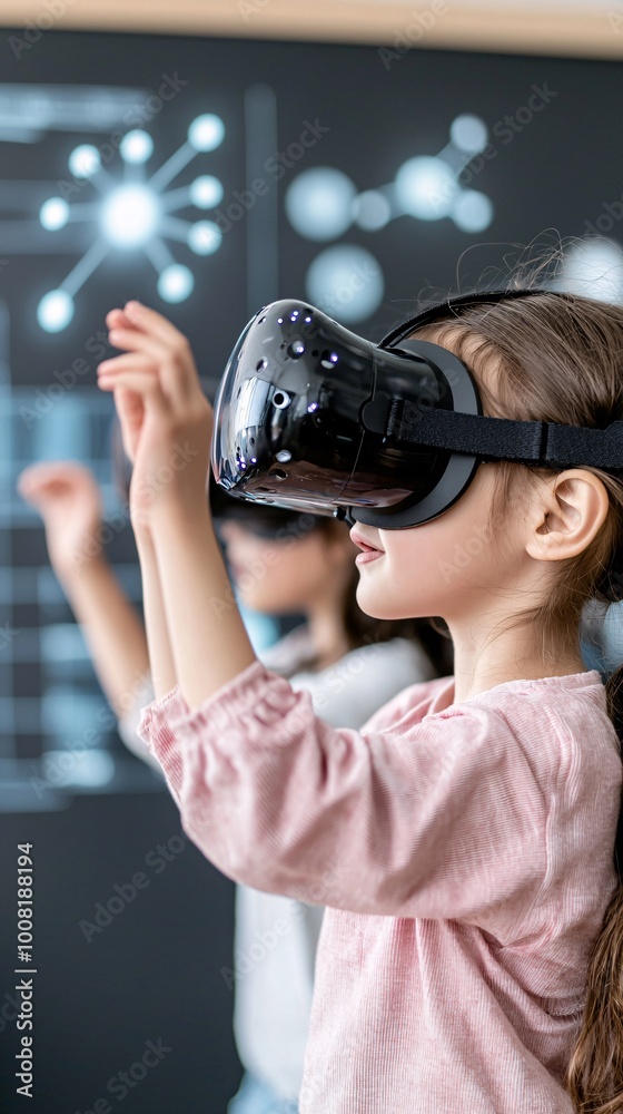 Poster quantum-powered learning environment with students interacting with augmented reality interfaces dis