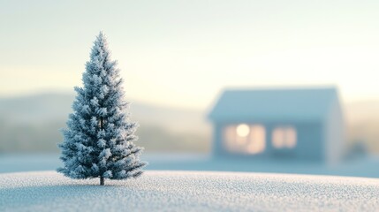 Lone snowy Christmas tree in a peaceful winter landscape, soft blurred background, with clear windows creating a serene holiday atmosphere