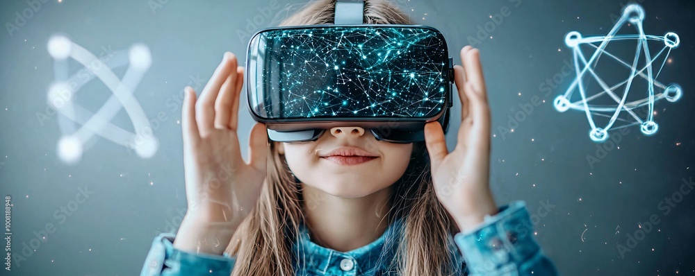 Poster a futuristic classroom where students explore quantum physics through augmented reality, interacting