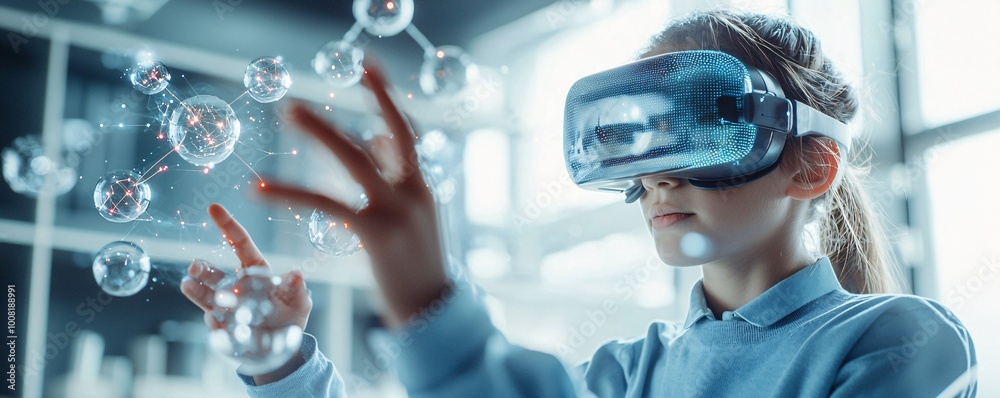 Poster a futuristic classroom where students explore quantum physics through augmented reality, interacting
