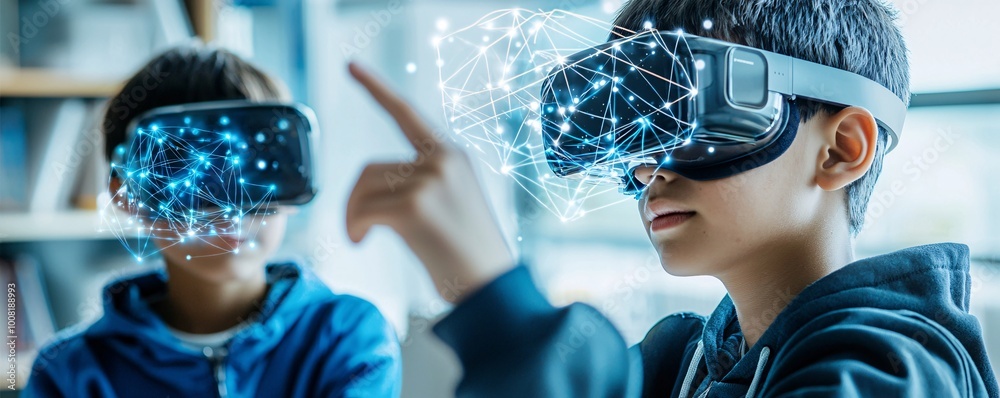 Poster a futuristic classroom where students explore quantum physics through augmented reality, interacting