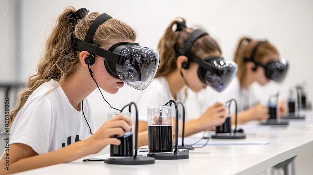 Poster students using ar headsets to interact with quantum simulations in a minimalistic classroom designed