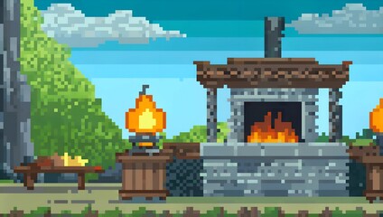 A forge during daytime pixel art background. 8-bit game assets
