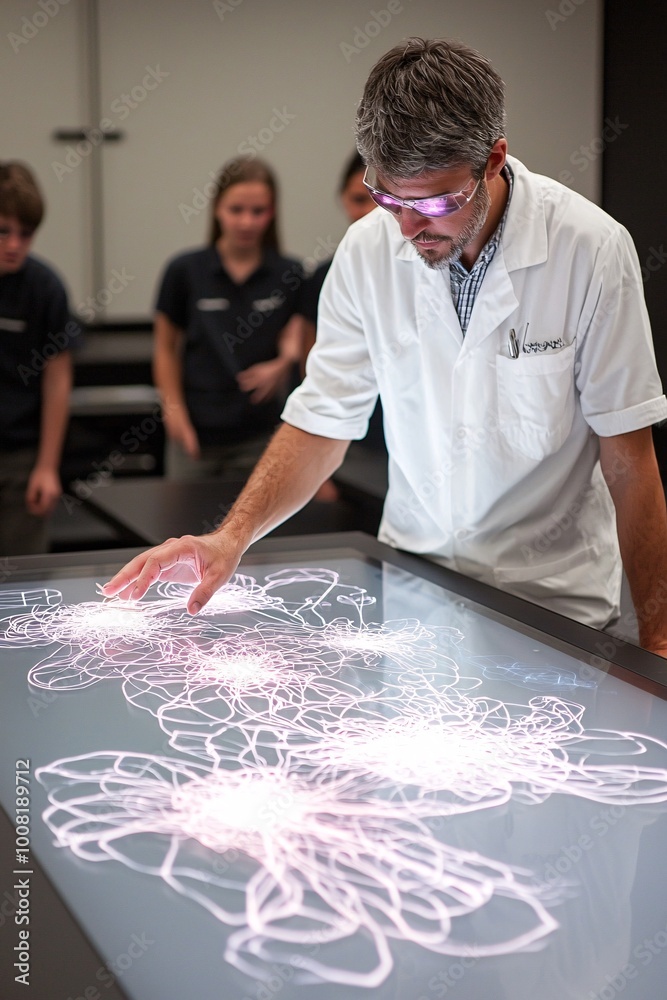 Poster a teacher explaining quantum physics through augmented reality displays, where students interact wit