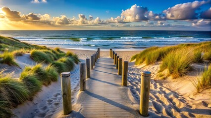 A calming beach path flanked by dunes and bollards leads you to the ocean's embrace. Experience tranquility as