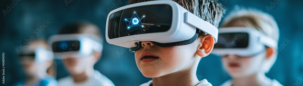 Poster a modern classroom featuring students interacting with quantum models through augmented reality glas