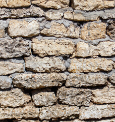 A wall made of large, rough, grey bricks