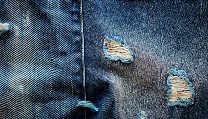 Close-up of a Frayed Tear in Worn Denim Fabric, Revealing White Threads Beneath. Detailed Texture of Distressed Blue Jeans with a Ripped Hole, Symbolizing Wear and Age in Fashion or Textile Material
