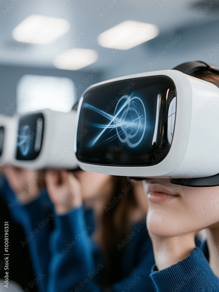 Poster students in a high-tech classroom using ar glasses to visualize quantum wave functions, with signifi
