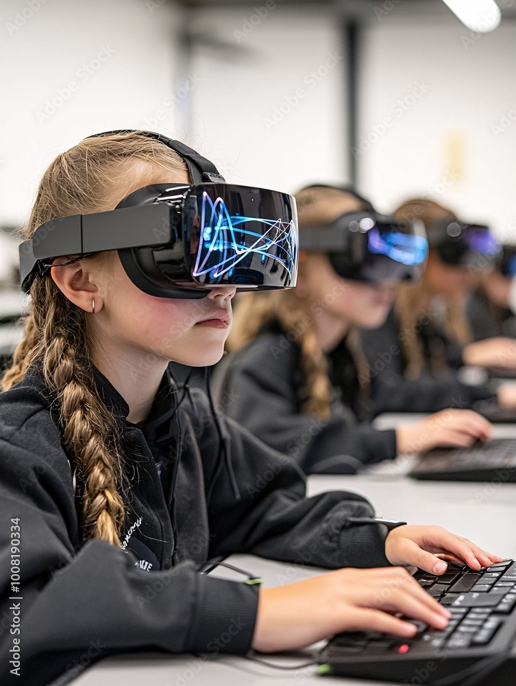 Poster students in a high-tech classroom using ar glasses to visualize quantum wave functions, with signifi