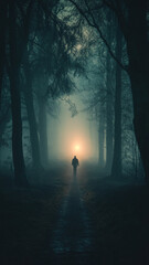 A person walking alone through a dark forest, searching for something unseen. The path ahead is barely visible, illuminated only by a faint light in the distance. The air is thick with fog