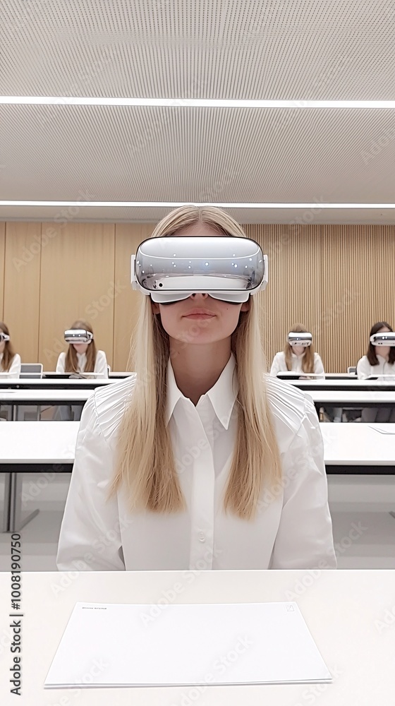 Poster students using augmented reality glasses to visualize quantum algorithms in a high-tech learning env