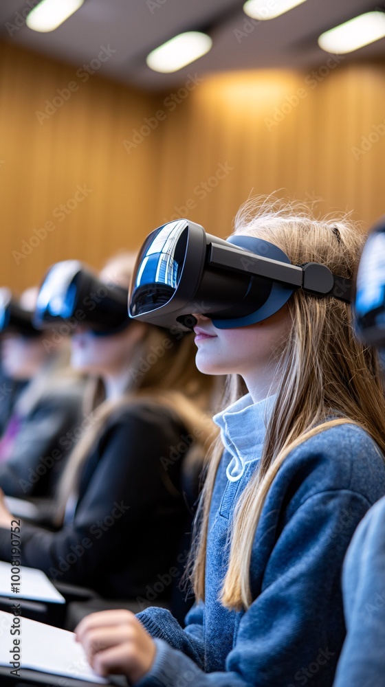 Poster students using augmented reality glasses to visualize quantum algorithms in a high-tech learning env