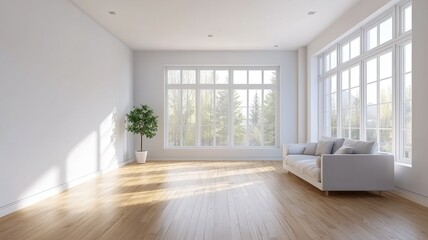 A bright, spacious room with large windows, light wooden flooring, a white sofa, and a potted plant, creating a serene and inviting atmosphere.