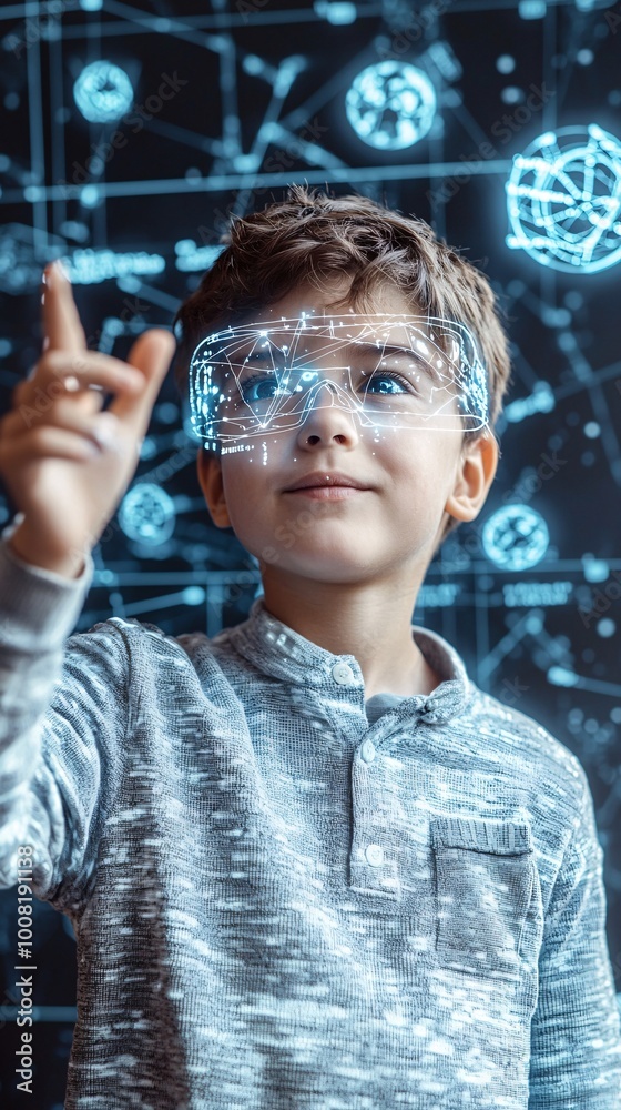 Poster quantum-powered learning in a futuristic classroom where students visualize quantum entanglement and