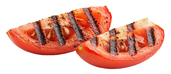 Grilled juicy tomato wedges with grill marks, isolated on transparent cutout background