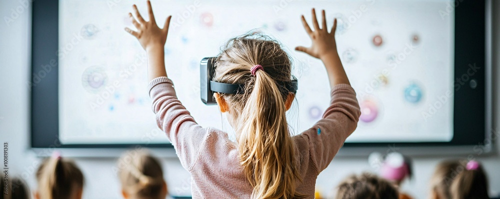 Poster a teacher uses augmented reality to explain quantum physics in a classroom filled with interactive h