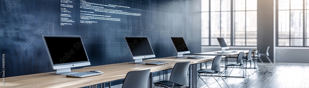 Poster a sleek, modern classroom where students use quantum computing tools to interact with digital hologr