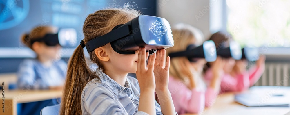 Poster a teacher uses augmented reality to explain quantum physics in a classroom filled with interactive h