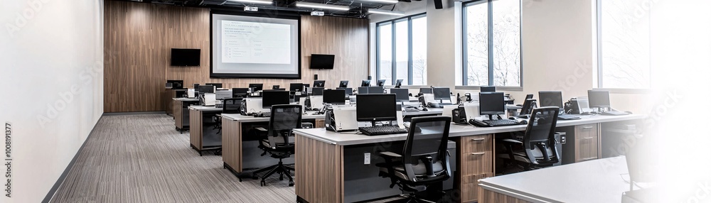 Poster a sleek, modern classroom where students use quantum computing tools to interact with digital hologr
