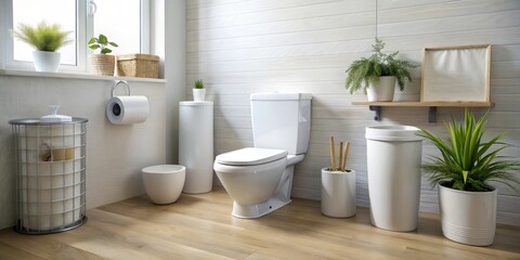A clean bathroom features a crisp white toilet bowl, a tidy trash can, and neatly arranged paper rolls,
